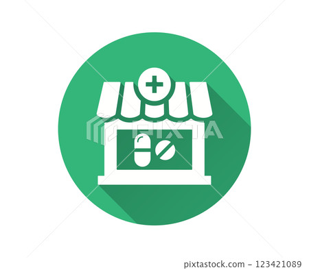 Pharmacy flat icon with long shadow for graphic and web design. Pharmacy flat icon with long shadow for graphic and web design. 123421089