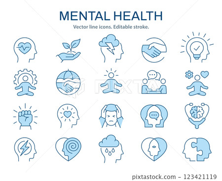Mental health icons, such as emotions, therapy, psychology and more. Vector illustration isolated on white. Editable stroke. Mental health icons, such as emotions, therapy, psychology and more. Vector illustration isolated on white. Editable stroke. 123421119