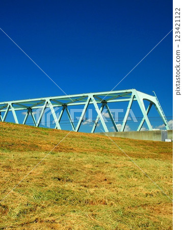 A view of the weeded banks of the Edogawa River and the railway bridge of the Tsukuba Express Line in summer 123421122
