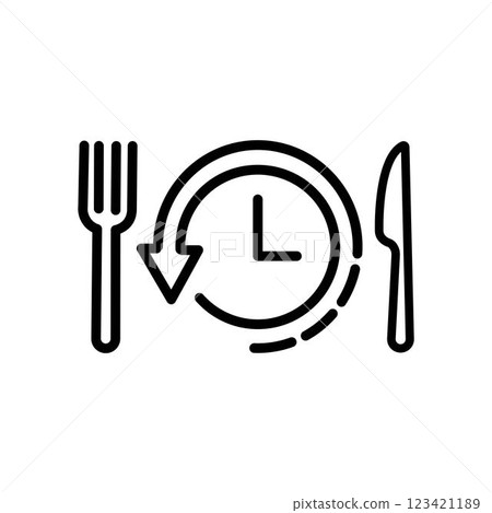 Line icon of intermittent fasting, diet, diet plan, proper nutrition, dream figure, fitness, healthy food. Vector illustration in flat design 123421189