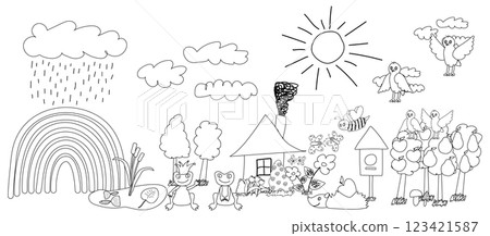 Scenic Nature Coloring Page with Animals, Trees, and a Rainbow 123421587