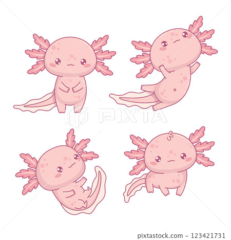 Cute pink Axolotl collection. isolated Little cartoon kawaii character mascot animal. Vector illustration Cute pink Axolotl collection. isolated Little cartoon kawaii character mascot animal. Vector illustration 123421731