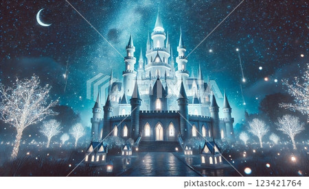 Fantastic night magic castle and shining starry sky 123421764
