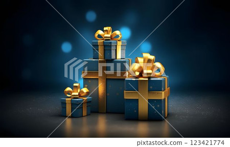 A Stack of Blue and Gold Gift Boxes. Gift Packages. Generative AI 123421774
