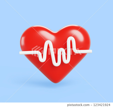 3d heart with beat monitor pulse line. Heartbeat, heart rate, cardiac impulse, ecg electrocardiogram. Medical render icon for cardiology and healthcare isolated on blue background. 3D illustration 123421924