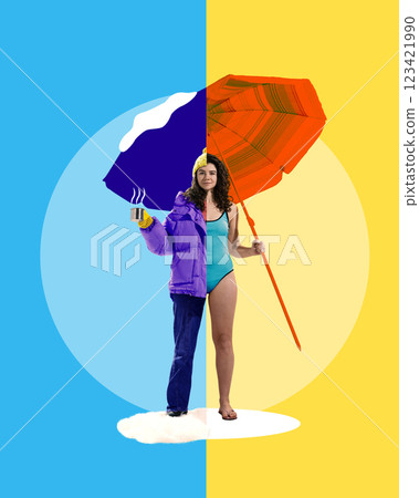 Seasonal contrast. Woman in thick winter jacket and swimsuit, holding hot drink on one side and beach umbrella on other, blending cold and warm climates. 123421990