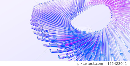 Abstract 3d background wallpaper with glass transparent circle of lines, blue pink light iridescent neon holographic gradient. Crystal render rings, digital graphic design tech banner. 3D Illustration 123422041