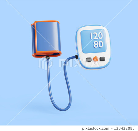 3d electronic blood pressure tonometer. Medical diagnostic device with digital monitor and cuff for arterial pressure measurement, isolated design element. Realistic render icon. 3D illustration 123422093