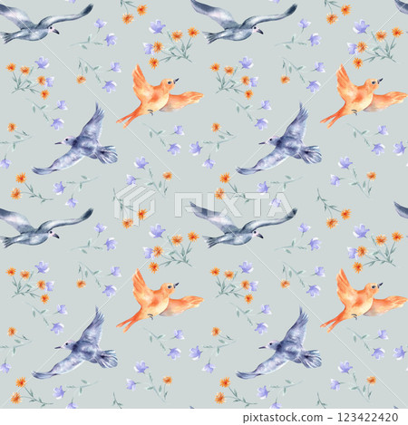 Birds and flowers watercolor seamless pattern isolated. Floral repeated background with flying birds in blue orange colors hand painted. Colorful birds and simple blooms design pattern for textile. 123422420