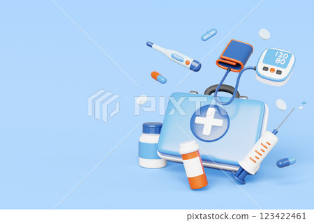 Emergency medical care 3d banner. Doctor equipment icon - first aid medicine bag, tonometer, thermometer, syringe, pill bottle on blue render background. Ambulance service, healthcare. 3D illustration 123422461