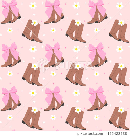 Coquette Cowboy Boots Seamless Pattern, Girly Western Retro Wallpaper isolated on background Coquette Cowboy Boots Seamless Pattern, Girly Western Retro Wallpaper isolated on background 123422588