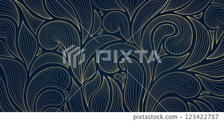 Vector art deco leaf pattern, gold luxury leaves wallpaper, garden vintage foliage background. Fancy ornament, nature flower design. 123422787