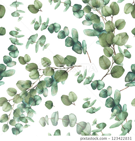 Eucalyptus plant bouquet seamless pattern. Watercolor Green silver dollar eucalypti tree branches with round leaves hand drawn botanical illustration for fabric, wallpaper isolated from background  123422831