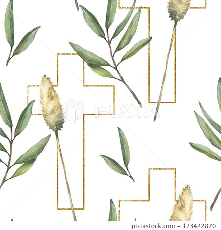 Golden Cross with olive tree branch and Pampas grass seamless pattern. Watercolor painted illustration Gold cross with green twig herbs, dry blade of grass for baptism, Easter Isolated from background Golden Cross with olive tree branch and Pampas grass seamless pattern. Watercolor painted illustration Gold cross with green twig herbs, dry blade of grass for baptism, Easter Isolated from background 123422870
