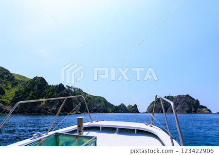 從廣島縣賀茂郡南伊豆町中木廣島濱渡輪出海的潛水員和浮潛者 123422906