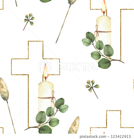 Golden Cross with a white burning candle and green eucalyptus branch seamless pattern. Watercolor religious painted illustration. Religious church fabric for baptism, Easter. Isolated from background 123422913