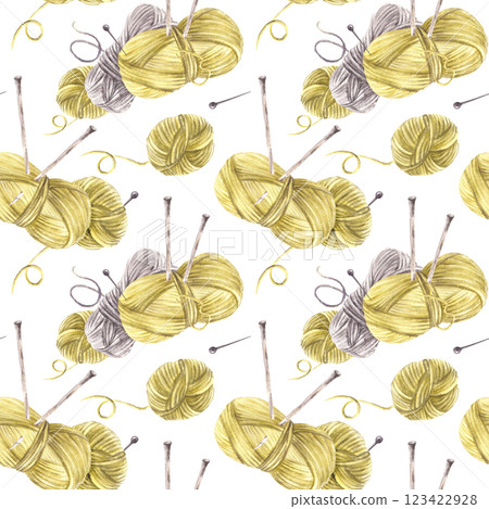 Skeins of yarn with knitting needles, threads and pins seamless pattern. Grey and olive green hobby yarn balls. Watercolor hand drawn illustration. Hobby needlework fabric on isolated white background Skeins of yarn with knitting needles, threads and pins seamless pattern. Grey and olive green hobby yarn balls. Watercolor hand drawn illustration. Hobby needlework fabric on isolated white background 123422928