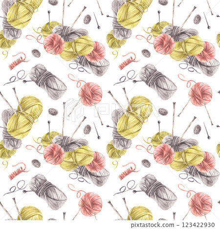 Knitting, needlework seamless pattern. Different coloured skeins of yarn, needles, pins, buttons. Crocheted, knitted hobby fabric, packaging. Watercolor painted illustration. Isolated white background Knitting, needlework seamless pattern. Different coloured skeins of yarn, needles, pins, buttons. Crocheted, knitted hobby fabric, packaging. Watercolor painted illustration. Isolated white background 123422930