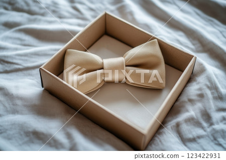 Elegant Beige Bow Tie in Gift Box on Soft Fabric Background 123422931
