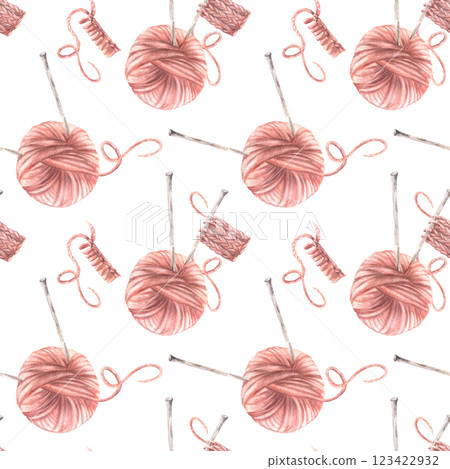 Pink ball of yarn, clew. Knitted fabric with knitting needles, thread seamless pattern. Watercolor hand drawn illustration. Handmade hobby product labelling, fabric design on Isolated white background 123422932