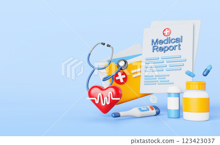 3d medical report banner. Health record, paper survey result, stethoscope, thermometer, medicine pills, heart with pulse line on blue render background. Cardiovascular disease concept. 3D illustration 123423037