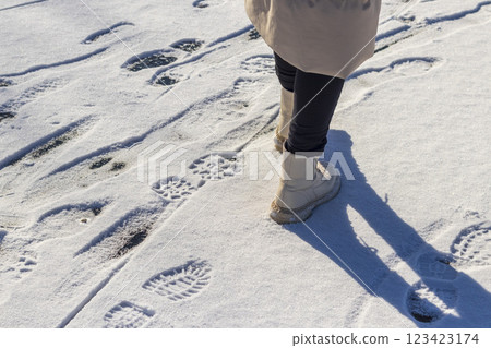 Woman walks on the snow. Concept Woman walks on the snow. Concept 123423174