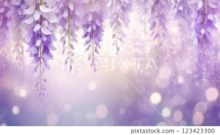一幅描繪盛開的紫藤花在紫藤架上搖曳，花瓣在淡紫色的閃亮背景上飄落的插圖 123423300