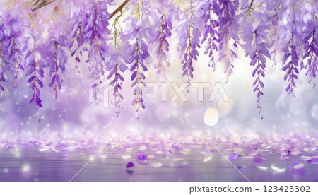 一幅描繪盛開的紫藤花在紫藤架上搖曳，花瓣在淡紫色的閃亮背景上飄落的插圖 123423302