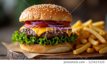 Homemade delicious hamburger with beef, onion, tomato, lettuce and cheese. Fresh burger close up on wooden rustic table with potato fries. Cheeseburger. Burger. 123423320