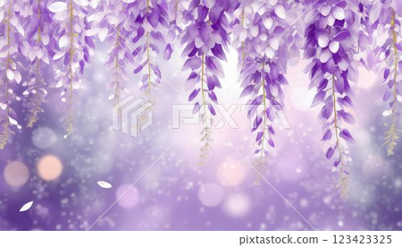 一幅描繪盛開的紫藤花在紫藤架上搖曳，花瓣在淡紫色的閃亮背景上飄落的插圖 123423325