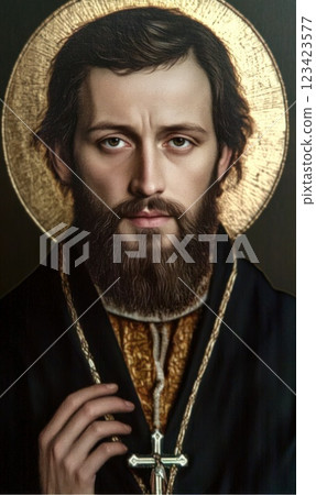 Sacred icon: A portrait of Saint Josaphat, capturing the revered image of this martyr and bishop, symbolizing faith and devotion, that reflect the spiritual significance of his life and legacy. Sacred icon: A portrait of Saint Josaphat, capturing the revered image of this martyr and bishop, symbolizing faith and devotion, that reflect the spiritual significance of his life and legacy. 123423577