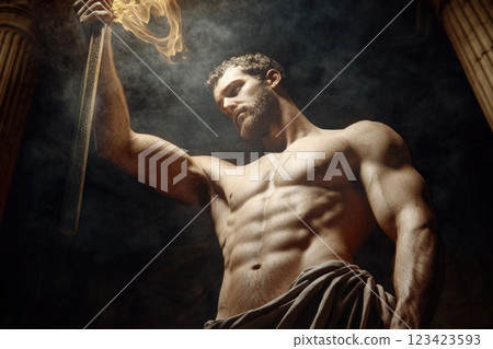 Titan of fire: An illustration of Prometheus, the Greek Titan defiance of the gods by bringing fire to humans, representing the profound impact on technology and the advancement of civilization. 123423593