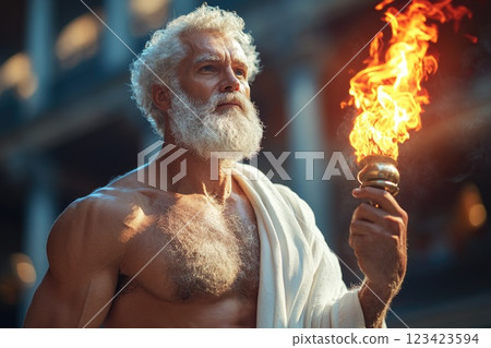 Titan of fire: An illustration of Prometheus, the Greek Titan defiance of the gods by bringing fire to humans, representing the profound impact on technology and the advancement of civilization. Titan of fire: An illustration of Prometheus, the Greek Titan defiance of the gods by bringing fire to humans, representing the profound impact on technology and the advancement of civilization. 123423594