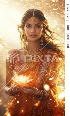 Divine presence: Portrait of Goddess Sita celebrated during Rama Navami, Dussehra, and Diwali, reflecting her integral role in these festivals honoring her strength and devotion. 123423601