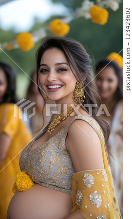 Maternal Serenity: pregnant Indian woman, grace of impending motherhood, portrayed in traditional clothing with cultural motifs, reflecting joy, significance of this special time in her life. 123423602
