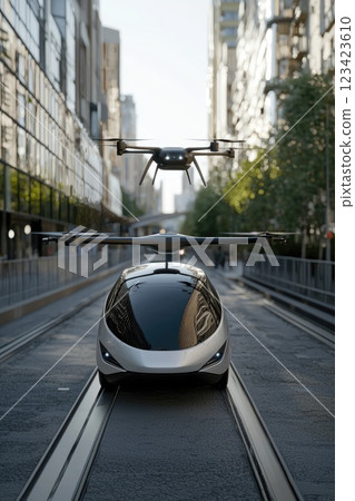 Futuristic transit center: A high-tech hub showcasing autonomous cars and drones in a sleek, modern cityscape with tall skyscrapers and advanced transportation systems. Futuristic transit center: A high-tech hub showcasing autonomous cars and drones in a sleek, modern cityscape with tall skyscrapers and advanced transportation systems. 123423610