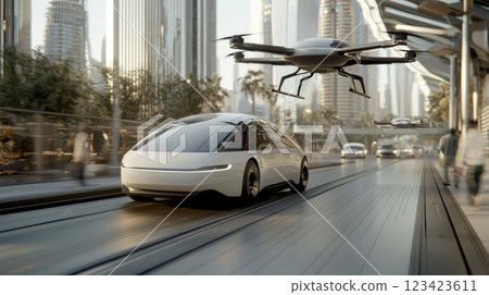Autonomous transport nexus: A futuristic city hub featuring flying drones and self-driving cars against a backdrop of sleek skyscrapers and innovative urban design. Autonomous transport nexus: A futuristic city hub featuring flying drones and self-driving cars against a backdrop of sleek skyscrapers and innovative urban design. 123423611