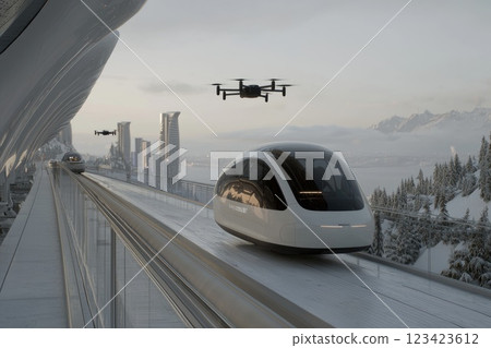 Futuristic transit center: A high-tech hub showcasing autonomous cars and drones in a sleek, modern cityscape with tall skyscrapers and advanced transportation systems. 123423612