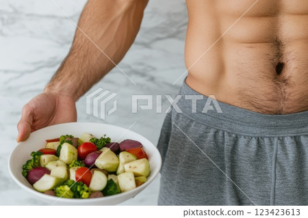 Wellness Vision: A harmonious human figure representing the integration of proper nutrition and diet, emphasizing fitness and a healthy lifestyle, showcasing the commitment to overall well-being. 123423613