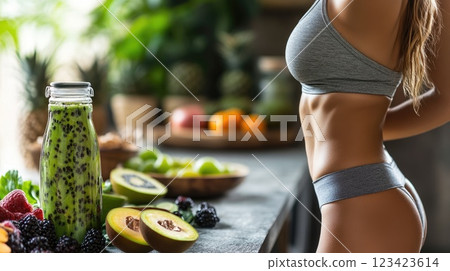 Wellness Vision: A harmonious human figure representing the integration of proper nutrition and diet, emphasizing fitness and a healthy lifestyle, showcasing the commitment to overall well-being. 123423614