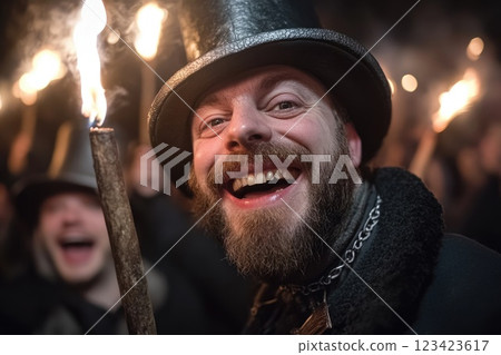 Fireworks night: Guy Fawkes Night, known for bonfires and dazzling fireworks across UK, 5 November, tradition rich in history, communal spirit, bringing people together in celebration. 123423617