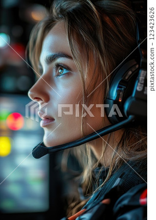Calm under pressure: portrait a 911 operator at work, their unwavering focus, composure while managing urgent calls, embodying essential qualities of reliability, resilience in crisis management. Calm under pressure: portrait a 911 operator at work, their unwavering focus, composure while managing urgent calls, embodying essential qualities of reliability, resilience in crisis management. 123423626
