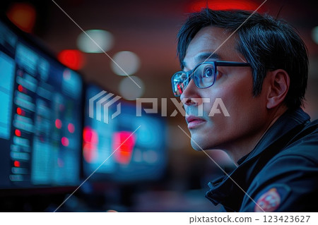 Calm under pressure: portrait a 911 operator at work, their unwavering focus, composure while managing urgent calls, embodying essential qualities of reliability, resilience in crisis management. 123423627
