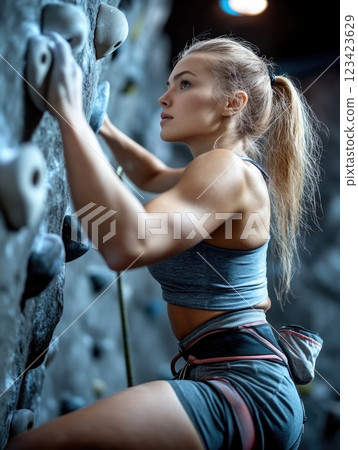 Climbing challenge: inspiring image of a woman navigating a rock climbing wall indoors, focus and agility as she tackles each hold, highlighting her commitment to fitness and adventure. Climbing challenge: inspiring image of a woman navigating a rock climbing wall indoors, focus and agility as she tackles each hold, highlighting her commitment to fitness and adventure. 123423629