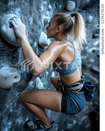 Climbing challenge: inspiring image of a woman navigating a rock climbing wall indoors, focus and agility as she tackles each hold, highlighting her commitment to fitness and adventure. Climbing challenge: inspiring image of a woman navigating a rock climbing wall indoors, focus and agility as she tackles each hold, highlighting her commitment to fitness and adventure. 123423630