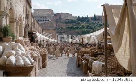 Classical roadways, A vivid portrayal of ancient Roman streets, emphasizing intricate layout and historical significance of urban design, commerce in ancient Rome vibrant society. Classical roadways, A vivid portrayal of ancient Roman streets, emphasizing intricate layout and historical significance of urban design, commerce in ancient Rome vibrant society. 123423632