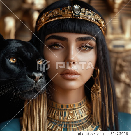Ancient royalty: A captivating depiction of an Egyptian queen with a black wildcat, highlighting opulence and strength of queen's presence alongside her powerful, enigmatic pet. 123423638