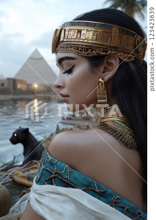 Ancient royalty: A captivating depiction of an Egyptian queen with a black wildcat, highlighting opulence and strength of queen's presence alongside her powerful, enigmatic pet. 123423639