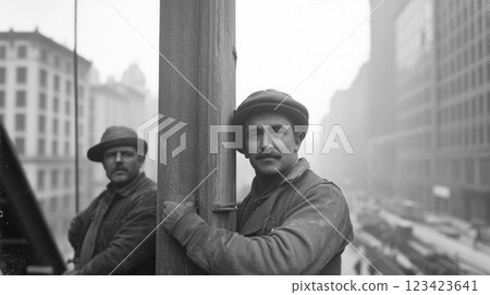 Industrial evolution: A monochrome portrayal of early twentieth century bridge and skyscraper construction, engineering feats and architectural reflecting the spirit of innovation. 123423641