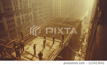 Vintage skyline: A black and white depiction of early twentieth century bridge and skyscraper construction, architectural ambition and industrial progress of an era, rise of urban landscapes. 123423642